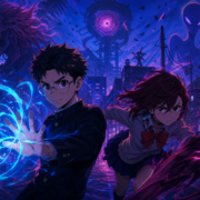 Dois jovens em cenário urbano noturno cercados por elementos paranormais e luzes neon, em arte editorial inspirada por animes sobrenaturais.