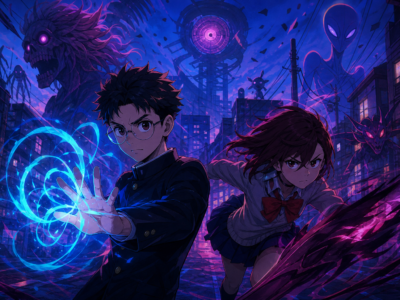 Dois jovens em cenário urbano noturno cercados por elementos paranormais e luzes neon, em arte editorial inspirada por animes sobrenaturais.
