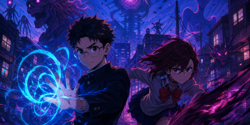 Dois jovens em cenário urbano noturno cercados por elementos paranormais e luzes neon, em arte editorial inspirada por animes sobrenaturais.