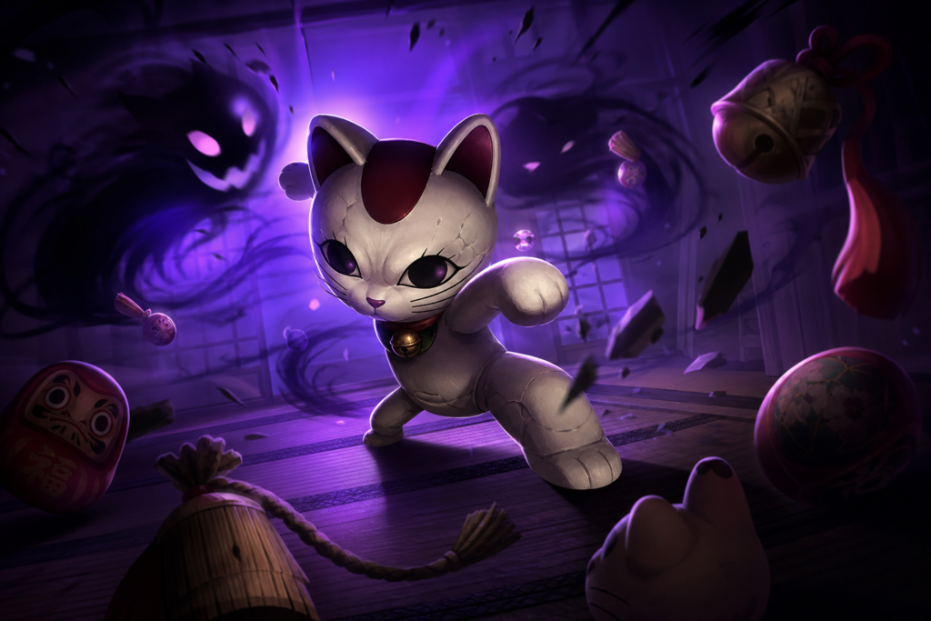 Boneco de gato amaldiçoado cercado por sombras e talismãs em composição sobrenatural.