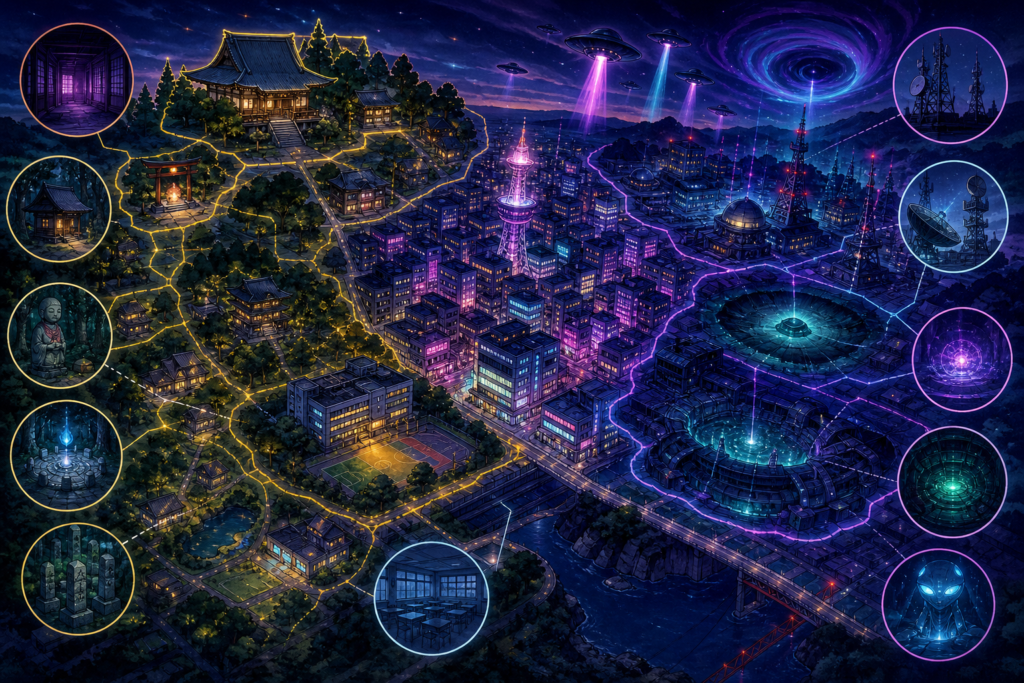 Mapa conceitual de cidade noturna com zonas espirituais e sinais alienígenas.