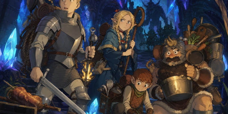 Aventureiros inspirados em anime de fantasia exploram uma masmorra com panelas, espadas e criaturas ao fundo.