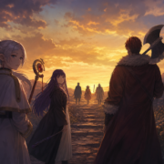 Grupo de aventureiros de fantasia caminhando ao pôr do sol em referência editorial aos personagens de Frieren.