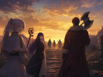 Grupo de aventureiros de fantasia caminhando ao pôr do sol em referência editorial aos personagens de Frieren.