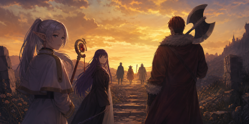 Grupo de aventureiros de fantasia caminhando ao pôr do sol em referência editorial aos personagens de Frieren.