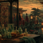 Jardim palaciano com frascos de boticário e lanternas em clima de mistério inspirado em The Apothecary Diaries
