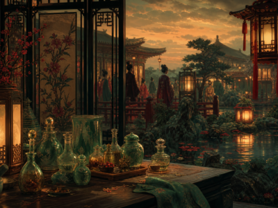 Jardim palaciano com frascos de boticário e lanternas em clima de mistério inspirado em The Apothecary Diaries