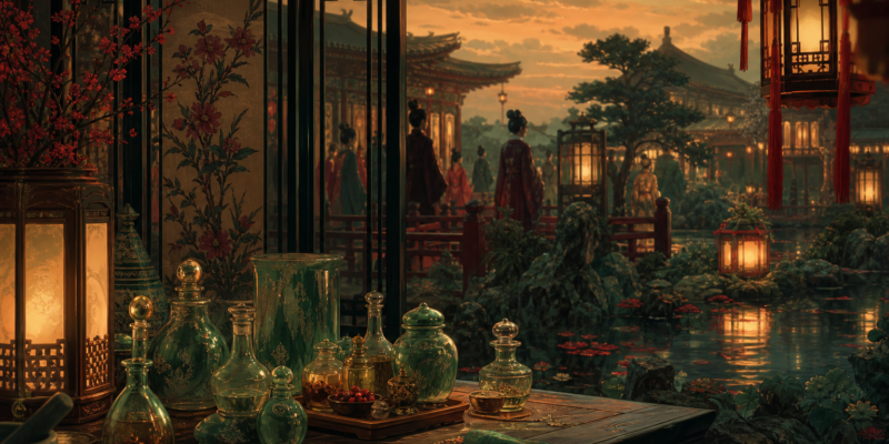 Jardim palaciano com frascos de boticário e lanternas em clima de mistério inspirado em The Apothecary Diaries
