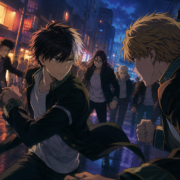 Jovens lutadores inspirados em animes de delinquentes em rua japonesa estilizada, representando o clima de Wind Breaker.