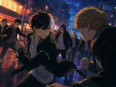 Jovens lutadores inspirados em animes de delinquentes em rua japonesa estilizada, representando o clima de Wind Breaker.