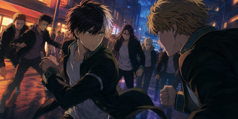 Jovens lutadores inspirados em animes de delinquentes em rua japonesa estilizada, representando o clima de Wind Breaker.