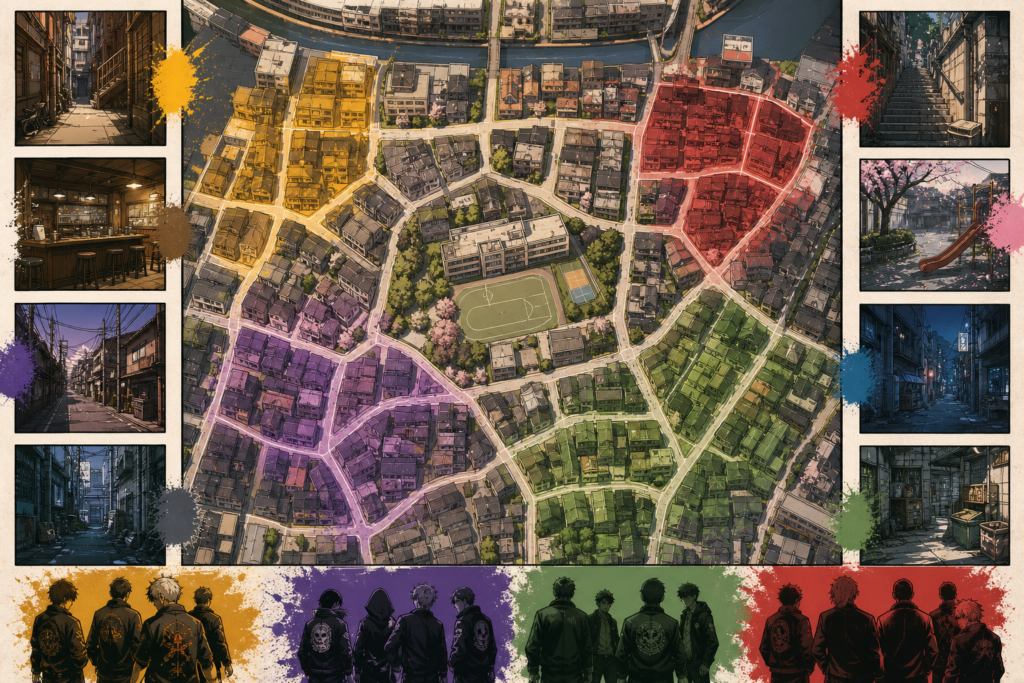 Mapa conceitual de bairro urbano com escola, café e áreas de rivalidade entre grupos.