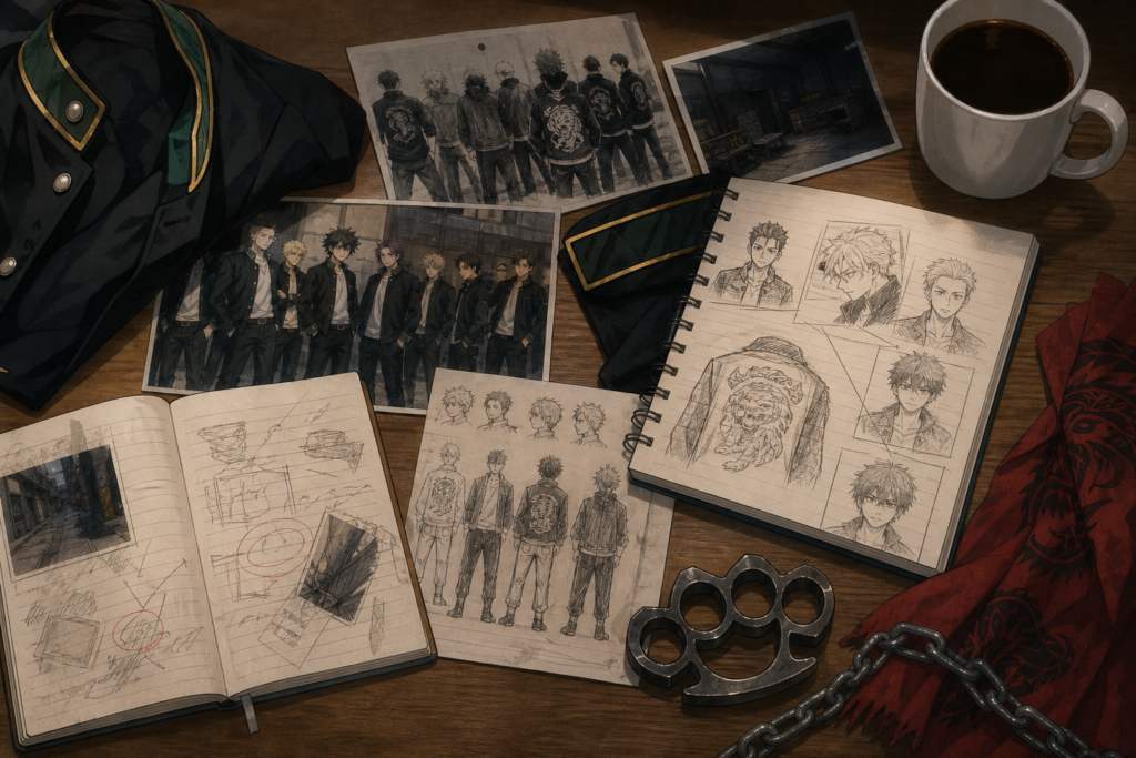 Mesa com jaquetas escolares, caderno e itens simbólicos de grupos rivais de anime.